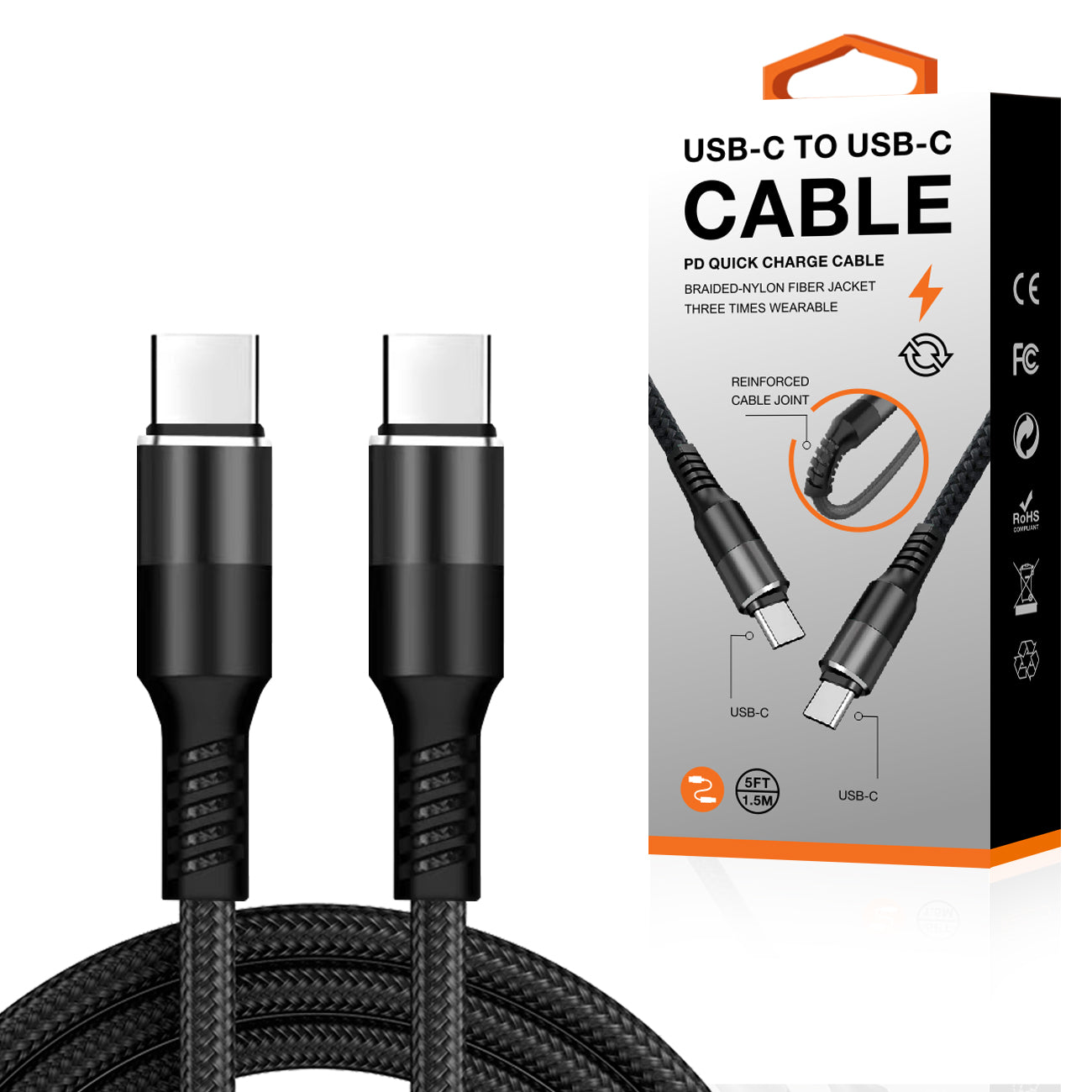 Power Delivery USB-C to C Fast Charging & Sync Nylon- Braided 5FT Cable in Black-SKU:DC36-PDTYPEC5FTBK